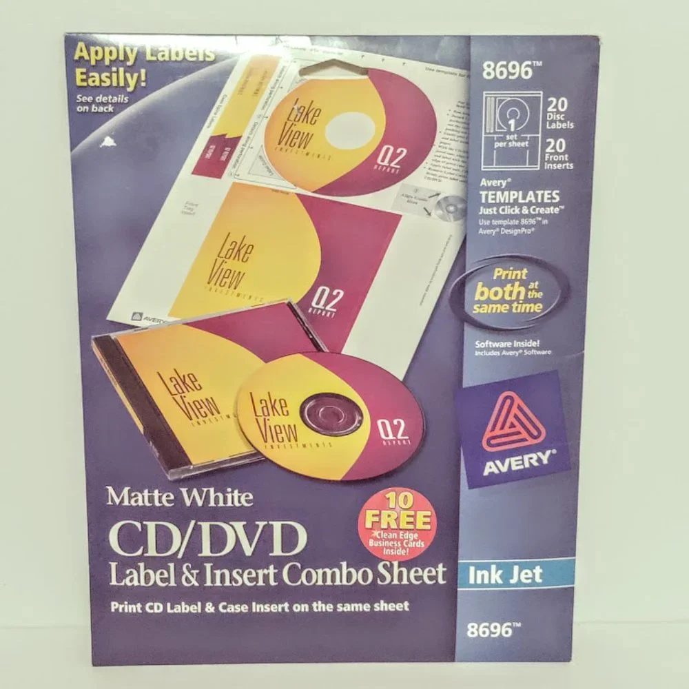 AVERY Matte White CD/DVD Labels #8696 Ink Jet Label & Insert Combo Sheets